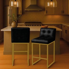 Banqueta Cozinha Alta com Encosto Industrial Kit 2 Dourado Lirina PU Preto C05 - D'Rossi