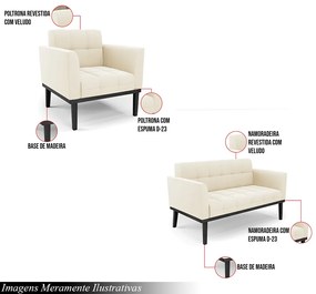 Conjunto 2 Poltronas e 1 Namoradeira Decorativa Karen Pés Fixo em Madeira Preto Veludo Bege G19 - Gran Belo