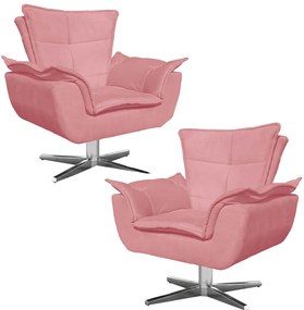 Kit 2 Poltronas Decorativas Base Giratória Cromada Charger Suede Rosê G19 - Gran Belo