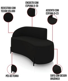 Sofá 2 Lugares Orgânico 140cm Pé Ferro Preto Morgan Veludo D03 - D'Rossi - Preto