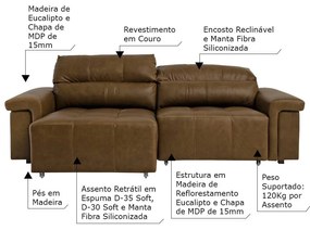 Sofá Retrátil e Reclinável 3 Lugares Maitê 226 cm Couro Castanho G43 - Gran Belo