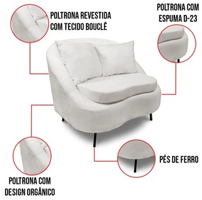 Poltrona Decorativa Orgânica Pé Ferro Preto Kit 2 Zaya Bouclê Offwte - D'Rossi