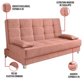 Sofá Cama Equador 193 cm Encosto Reclinável Veludo Rosê Pés Plástico Cromado - D'Rossi
