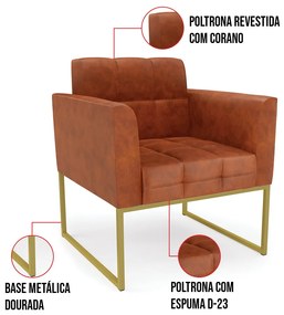 Kit 1 Sofá Namoradeira e 2 Poltronas Elisa Corano Base Metálica Industrial Dourado D01 - D'Rossi - Nozes