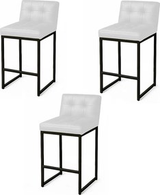 Banqueta Cozinha Alta com Encosto Industrial Kit 3 Preto Lirina PU Branco C05 - D'Rossi