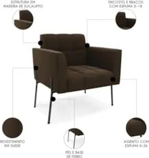 Poltrona Para Sala Pé Metal Preto Kit 2 Ana Suede Marrom - Ibiza