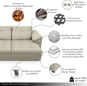 Sofá Retrátil Elétrico Sala de Estar Nolan Bipartido 257cm Conforto Premium em Couro OffWhite G58 - Gran Belo