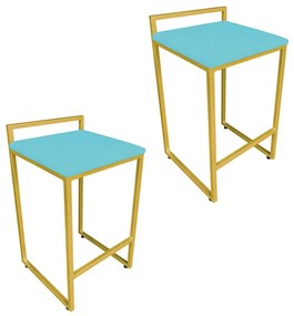 Conjunto 02 Banquetas Pietra Suede Base Dourado - Azul Turquesa