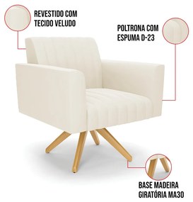 Poltrona Giratória Viena Gomada Veludo Base de Madeira MA30 D03 - D'Rossi - Bege