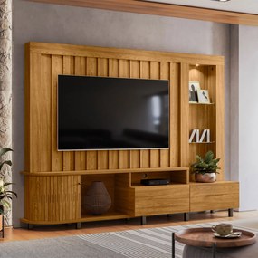 Estante de TV 70 Pol 243cm Ripado Sala de Estar Nivora Cumaru M20 - D'Rossi