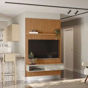 Painel para TV até 60 Polegadas Ripado Marisa com Nicho Bancada e Tampo Sobreposto Chanfrado Nature e Off White 141x250 cm L04 - D'Rossi