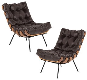 Kit 2 Poltrona Decorativa Sala de Estar Costela Couro Marrom G34 - Gran Belo
