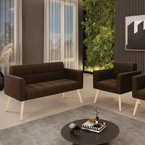 Kit 1 Sofá Namoradeira e 1 Poltrona Elisa Suede Marrom Pés Palito Natural - D'Rossi