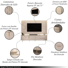 Painel com Bancada 241cm Avatar com LED e Detalhes Dourados para TV Até 75 Off White G18 - Gran Belo