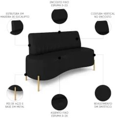 Sofá 2 Lugares 160cm Pés Aço Dourado Tamar Sintético Preto Z08 - Mpoze