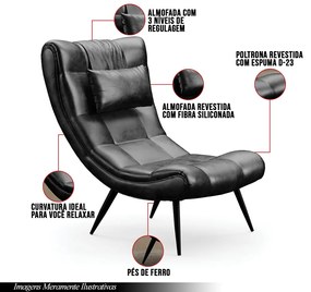 Poltrona Decorativa Sala de Estar Pés Palito Letty PU Preto G19 - Gran Belo