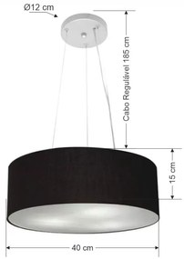 Lustre Pendente Cilíndrico Md-4181 Cúpula em Tecido 40x15cm Preto - Bivolt
