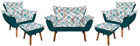Kit 01 Namoradeira com 02 Poltronas e 02 Puffs Opala Composê Suede com Estampado Traçado Azul D33 Pés Palito Castanho - Azul Pavão