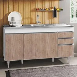 Balcão Gabinete com Pia Inox 150cm 4 Portas 2 Gavetas Marrocos Branco/