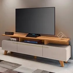 Rack Bancada Para TV 70 Pol 200cm 3 Portas Amago H01 Off White/Cinamom