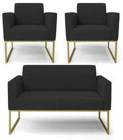 Sofá Namoradeira com 2 Poltronas Base Industrial Dourado Marisa Veludo D03 - D'Rossi - Preto