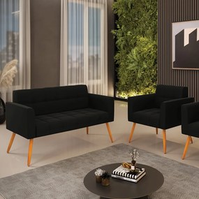 Kit 1 Sofá Namoradeira e 1 Poltrona Elisa Suede Preto Pés Palito Castanho - D'Rossi