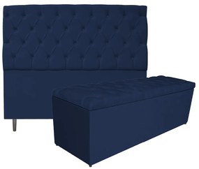Kit Cabeceira e Calçadeira Liverpool 140 cm Casal Suede Azul Marinho - ADJ Decor