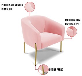 Poltrona Decorativa Pé de Ferro Dourado Kit 2 Stella Suede D03 - D'Rossi - Rosa Bebê
