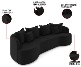 Sofá 3 Lugares Orgânico Living 210cm Mersa Veludo K01 - D'Rossi - Preto