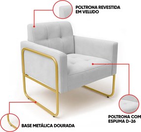 Poltrona Sala Industrial Alta Tubo Dourado Kit 2 Elisa Veludo D03 - D'Rossi - Cinza