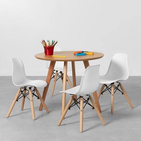 Conjunto Mesa Infantil Square Laminada Natural - 68cm + 4 Cadeiras Eiffel Infantil - Branco