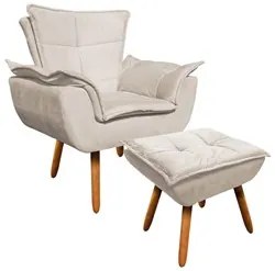 Poltrona Decorativa Pés Palito com Puff Opla Suede Bege - Ibiza