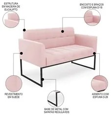 Sofá Namoradeira Base Industrial Preto Ana Suede Rosa Bebê - Ibiza