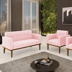 Conjunto Poltrona e Namoradeira Decorativas Karen Pés Fixo em Madeira Castanho Suede Rosa Bebê G19 - Gran Belo
