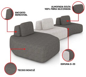 Sofá 3 Lugares Orgânico com Chaise e  2 Módulos Berlim Bouclê Gf K01 - D'Rossi - Grafite/Cinza Caro