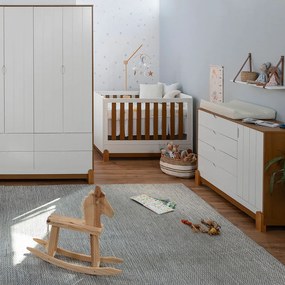 Kit Quarto Infantil Lotus Berço Mini Cama com Frisos + Cômoda 4 Gavetas e 1 Porta + Guarda-Roupa 4 Portas com 4 Gavetas - Branco e Savana
