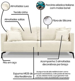 Sofá 2 Lugares Pé de Ferro Preto Rafaela 180 cm Linho S04 - D'Rossi - Natural