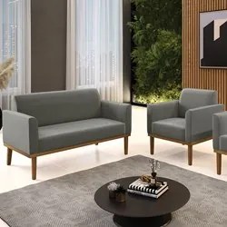 Sofá Namoradeira e 1 Poltrona Base Madeira Castanho Maressa Suede Graf