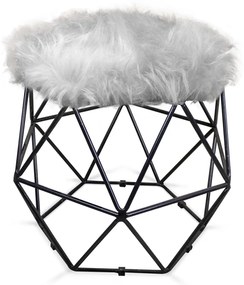 Puff Aramado Hexágono Decorativo Industrial Preto com Pelúcia Cinza D03 - D'Rossi