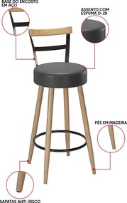 Banqueta Alta Cozinha 70cm Encosto Pé Madeira Kyara Pu S02 - D'Rossi - Preto
