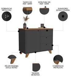 Balcão para Escritório 3 Gavetas 90cm Merano A06 Freijó/Preto - Mpozen