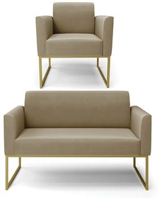 Sofá Namoradeira com Poltrona Base Industrial Dourado Marisa Suede Marrom Rato D03 - DRossi