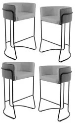 Kit 4 Banquetas Decorativas Base Aço Preto Betina C-416 Linho Cinza Es