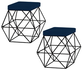 Kit 2 Puffs Decorativo Sala de Estar Base Preto Trixie Veludo Azul G41 - Gran Belo