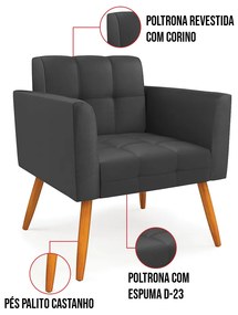 Kit 1 Sofá Namoradeira e 2 Poltronas Elisa Corino Pés Palito Castanho D03 - D'Rossi - Preto