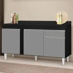 Balcão Gabinete para Pia com Tampo 150cm 3 Portas 1 Gaveta Dakota Pret