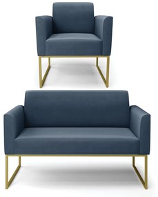 Sofá Namoradeira com Poltrona Base Industrial Dourado Marisa Suede Azul Marinho D03 - D'Rossi