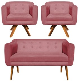 Kit 01 Namoradeira 02 Lugares e 02 Poltronas Giratória Julia Suede Rose Base Madeira MM30 D'Rossi