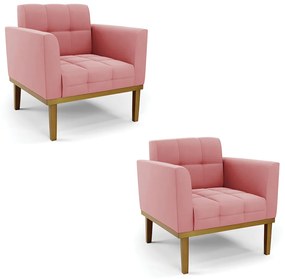 Kit 2 Poltronas Decorativas Karen Pés Fixo em Madeira Castanho Suede Rose G19 - Gran Belo