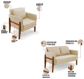 Kit 1 Sofá Namoradeira e 2 Poltronas Lana Suede Bege Base de Madeira